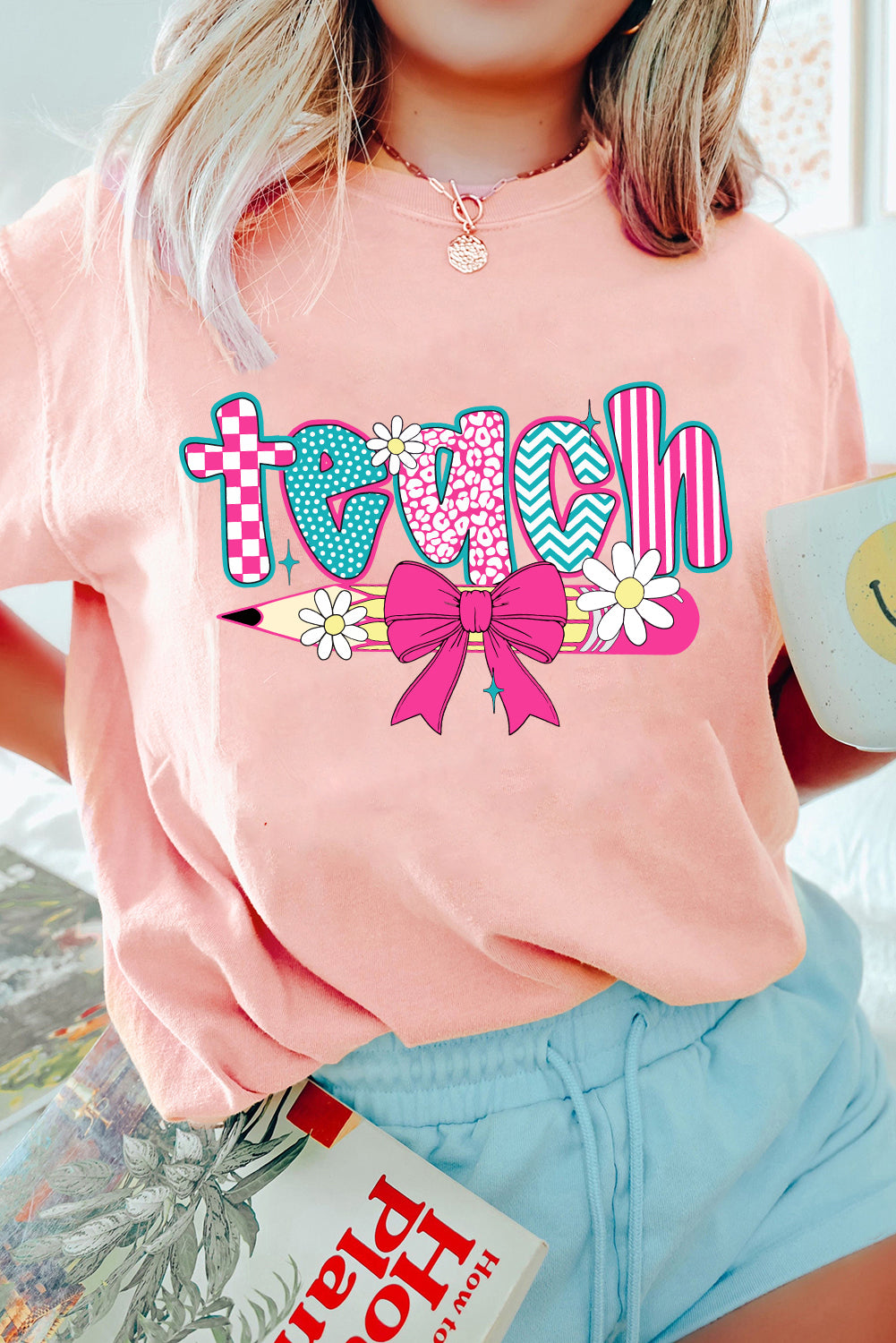 Pink Preppy Retro Checkered Coquette Teach Graphic T-Shirt