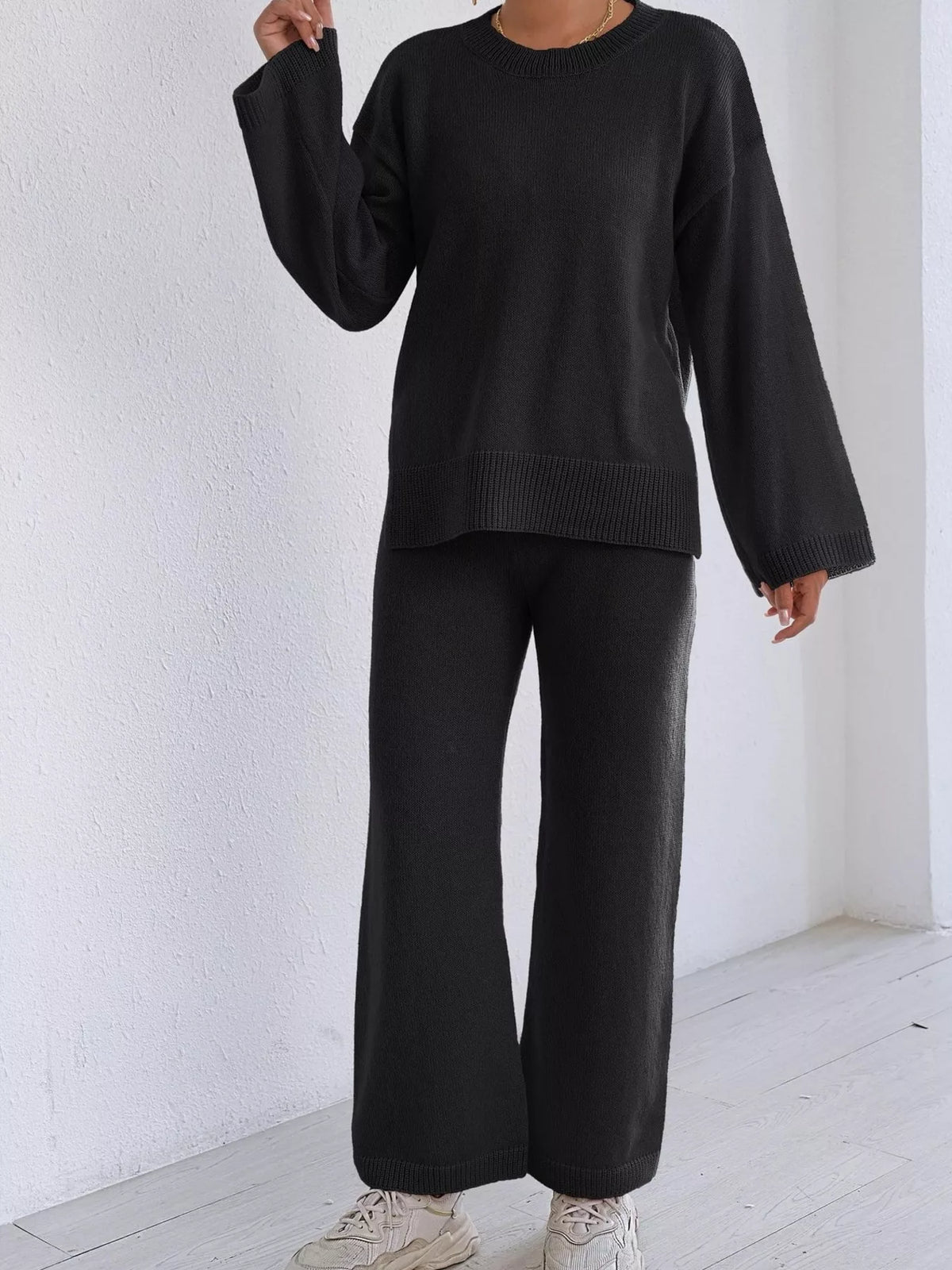 Dropped Shoulder Top and Pants Sweater Set