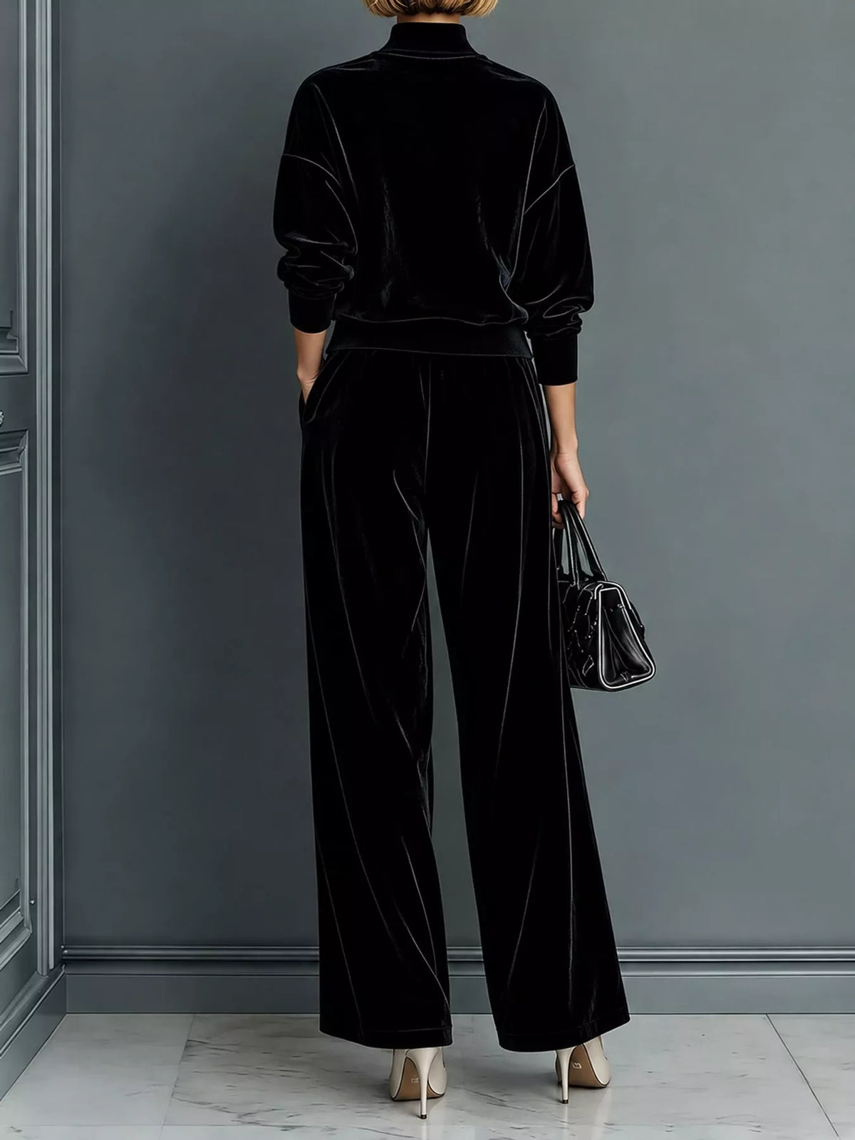 Velvet Mock Neck Long Sleeve Top and Wide-Leg Pants Set