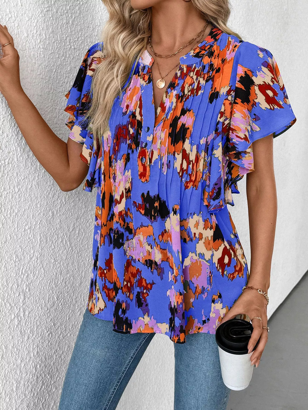 Abstract Print Flutter Sleeve Blouse