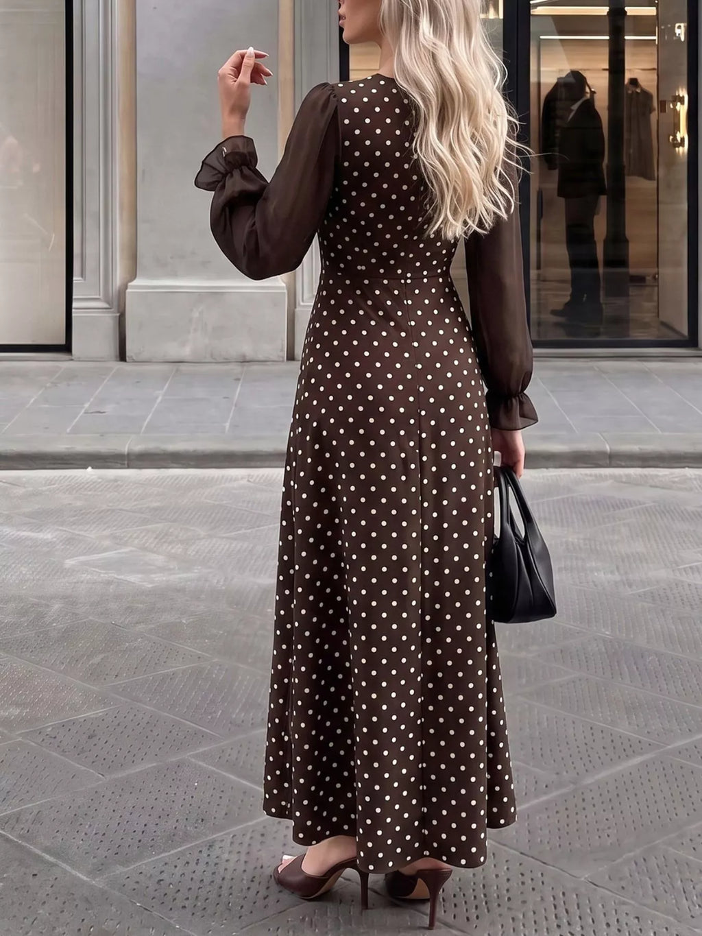 Polka Dot Square Neck Long Sleeve Maxi Dress