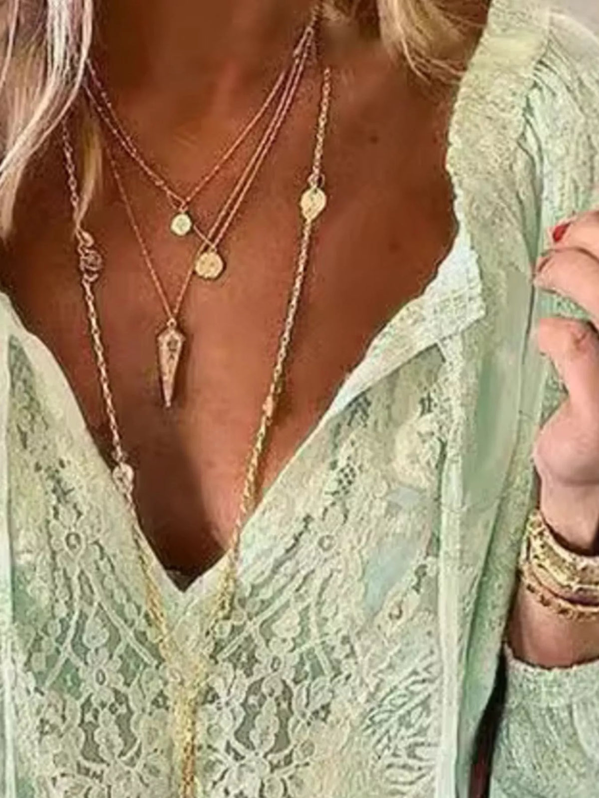 Lace Tie Neck Long Sleeve Blouse