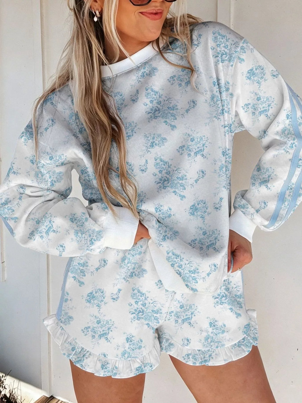 Floral Print Long Sleeve Sweatshirt and Shorts Set