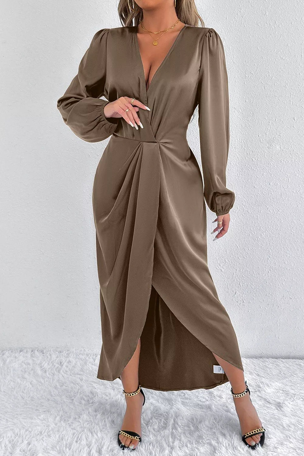 Satin Balloon Sleeve Midi Dress