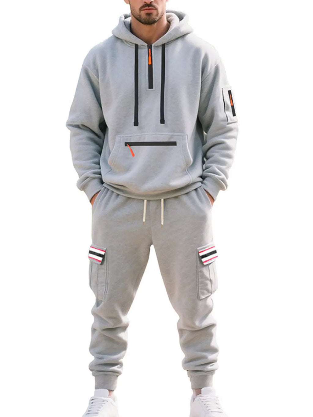 Men's Full Size Casual Half-Zip Hoodie and Cargo Pants Set Plus Size