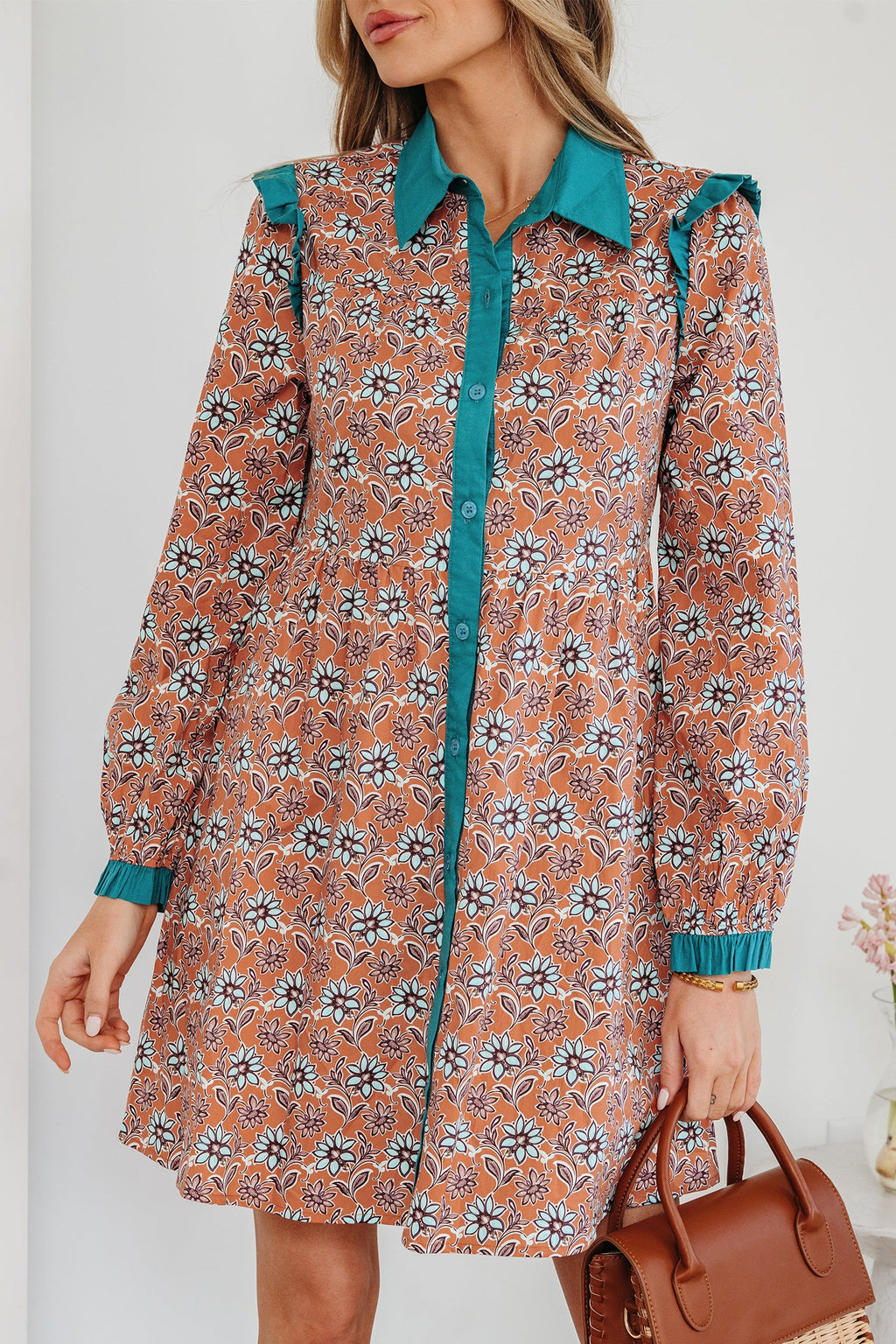 Orange Boho Floral Contrast Collared Shirt Mini Dress