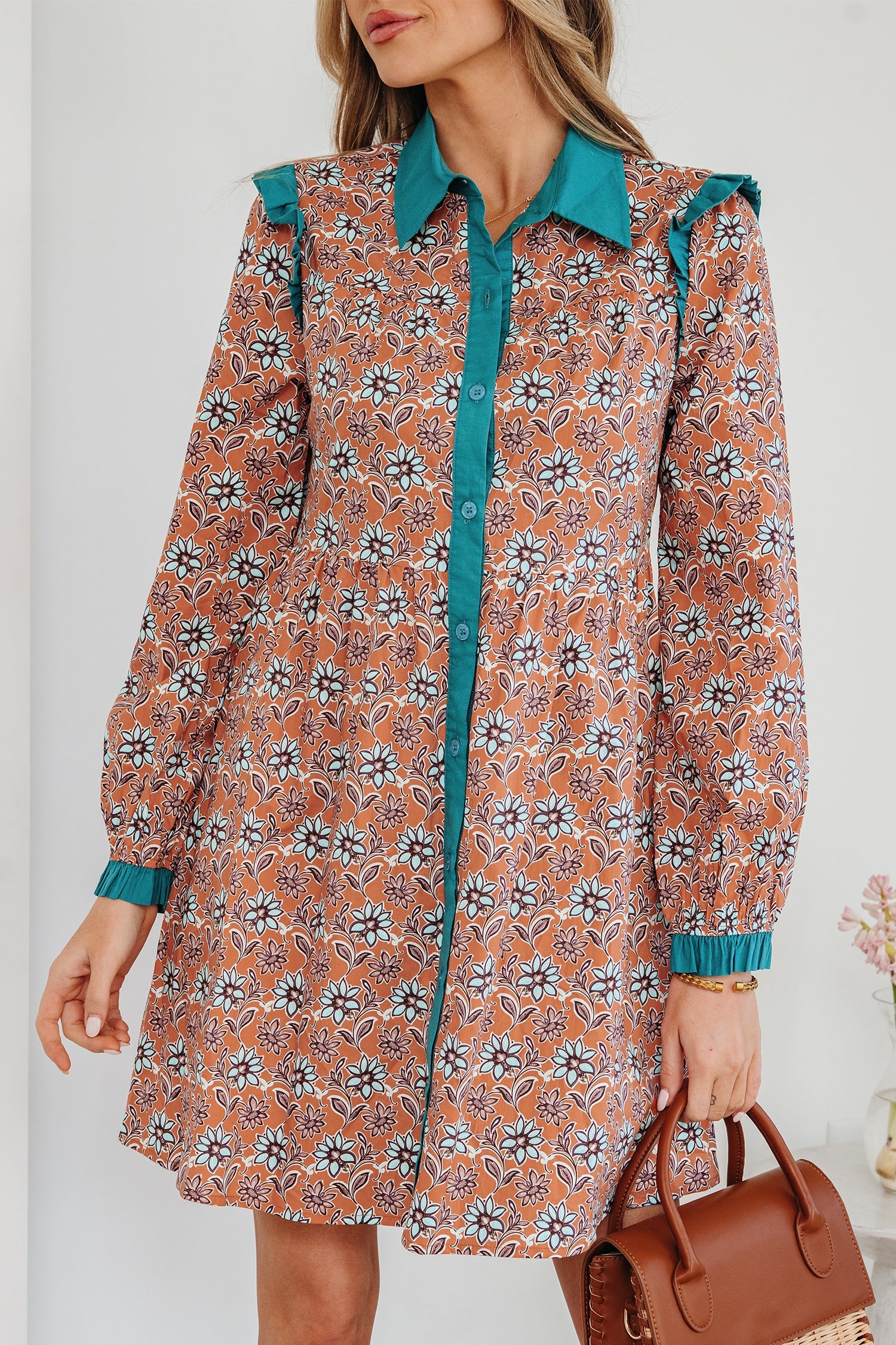 Orange Boho Floral Contrast Collared Shirt Mini Dress