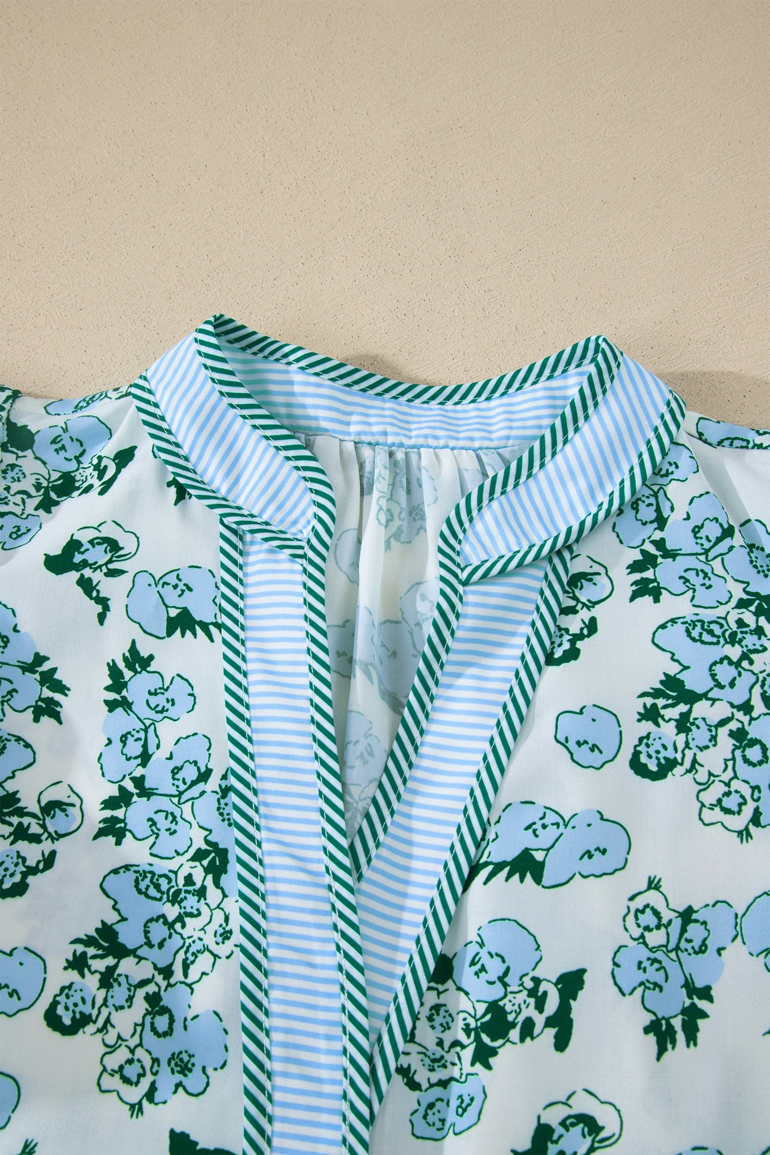 Green Floral Meets Stripes V Neck Flutter Sleeve Blouse