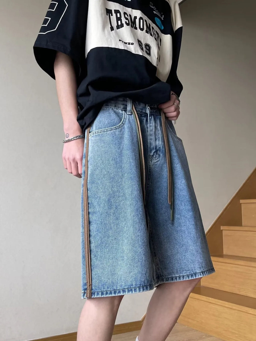 Men's Full Size Drawstring Wide-Leg Denim Shorts Plus Size