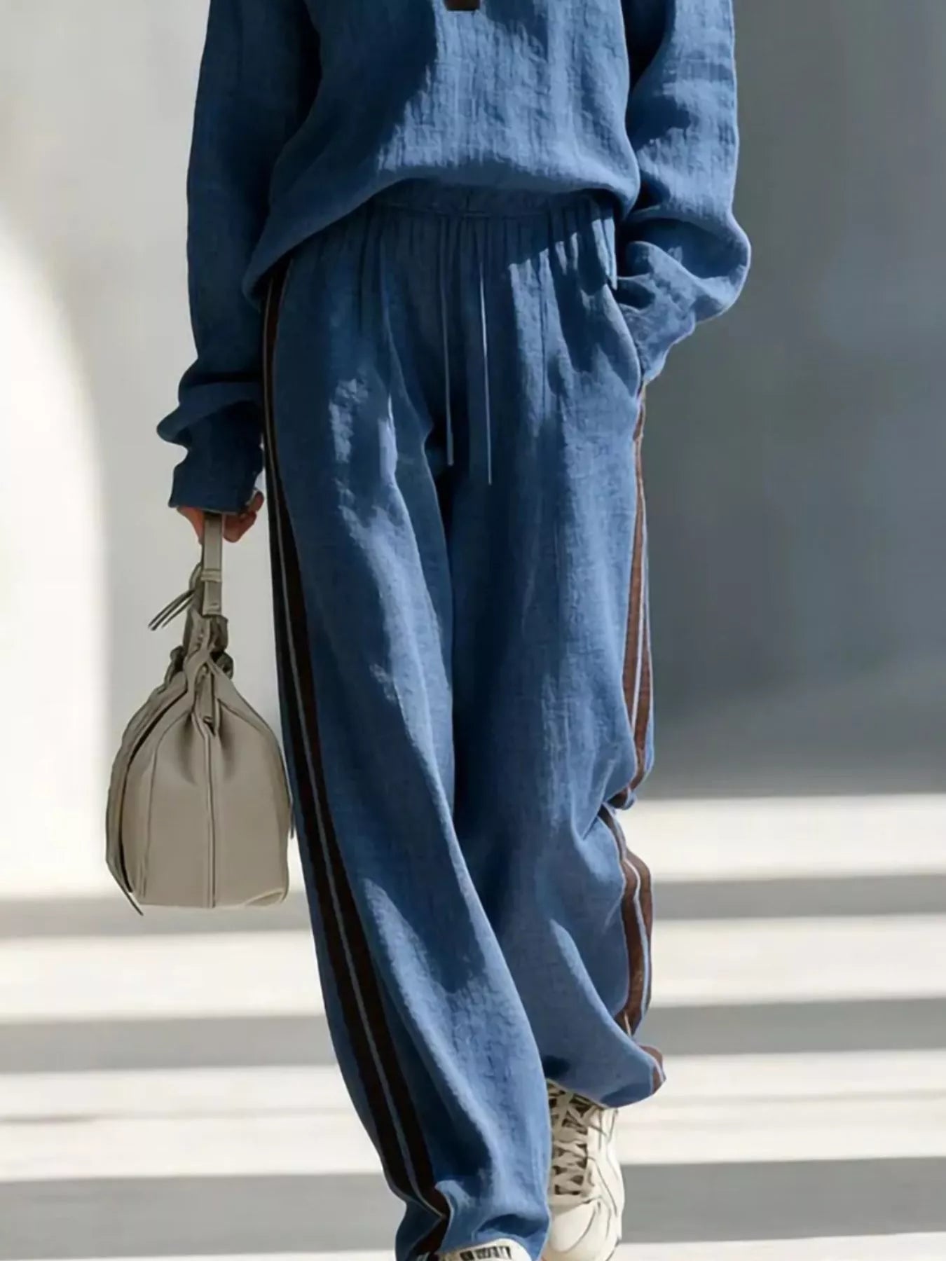 Contrast V-Neck Top and Striped Pants Set
