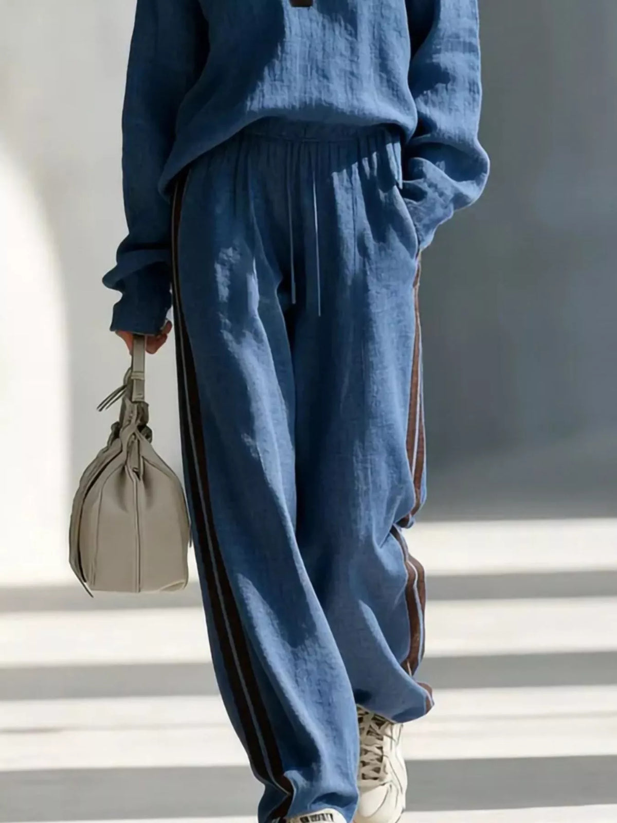 Contrast V-Neck Top and Striped Pants Set