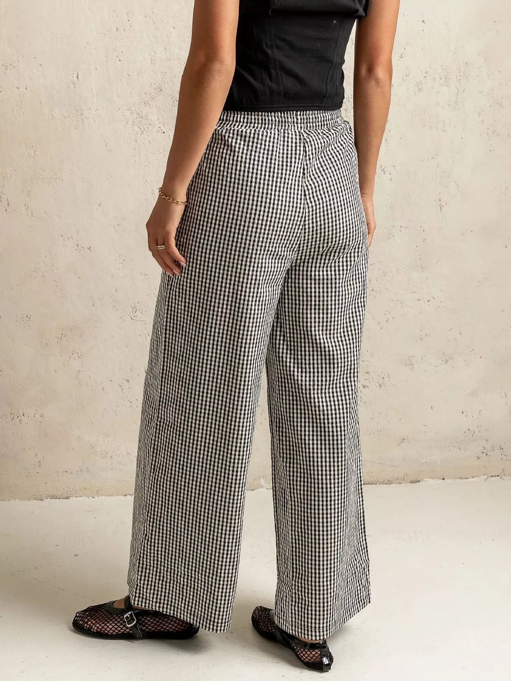 Gingham Wide-Leg Viscose Pants with Drawstring Waist and Pockets