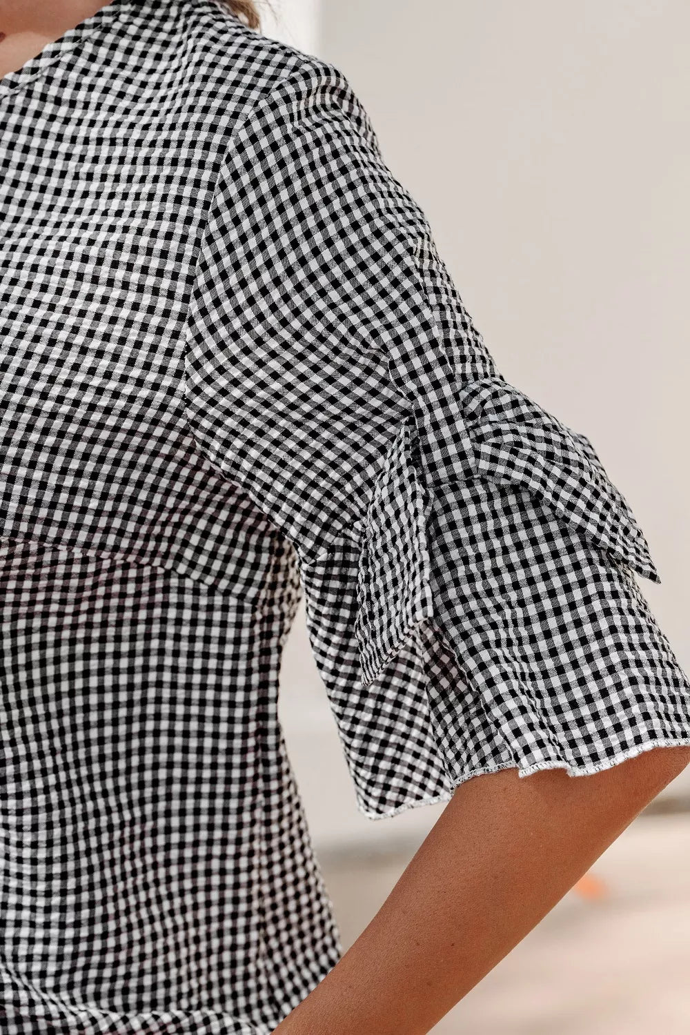 Gingham Bow Half Sleeve Blouse