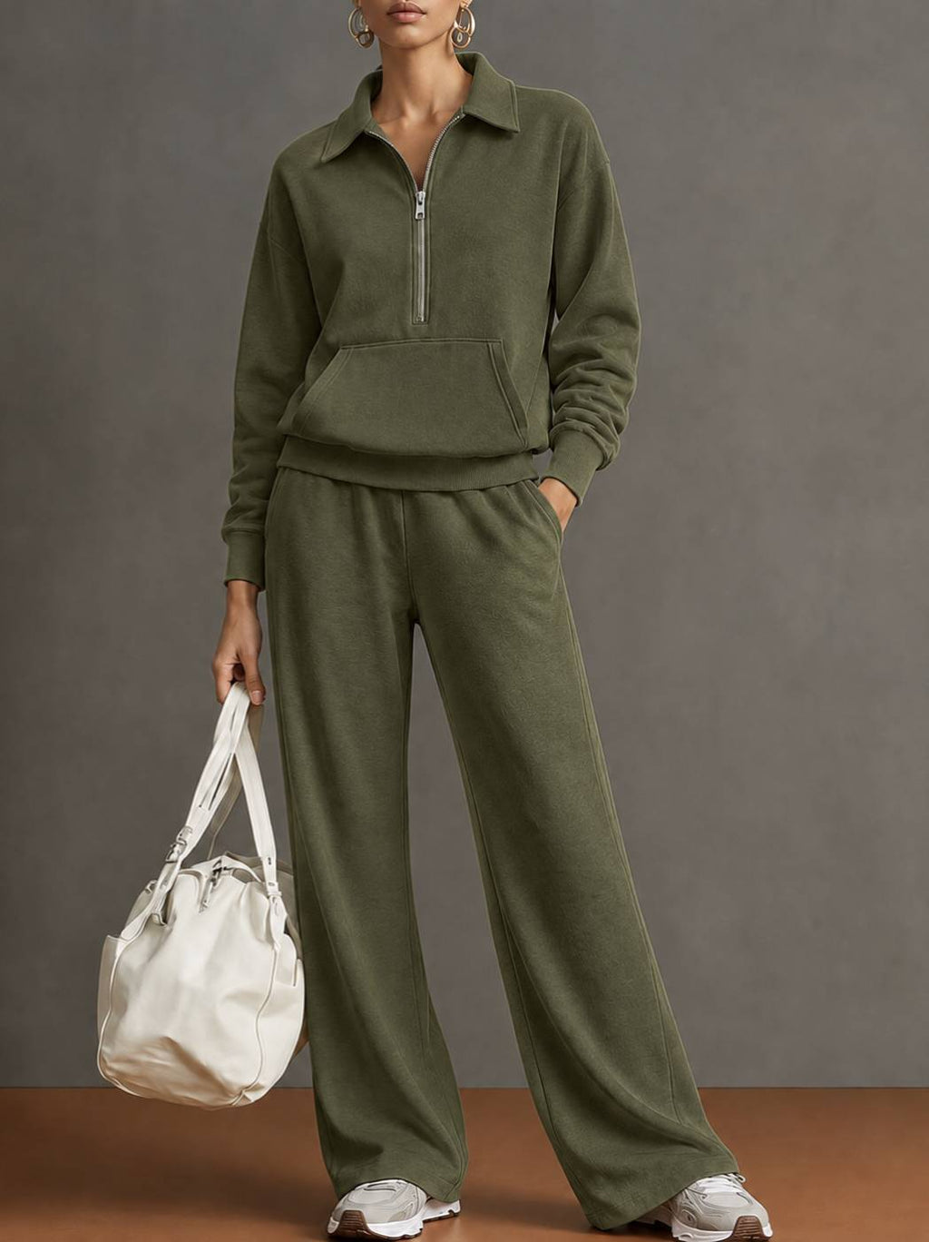 Autumn And Winter New Cross-Border European And American Women's Clothing Lapel Half-Zip Sweatshirt Loose Casual Wide-Leg Pants Two-Piece Set For Women