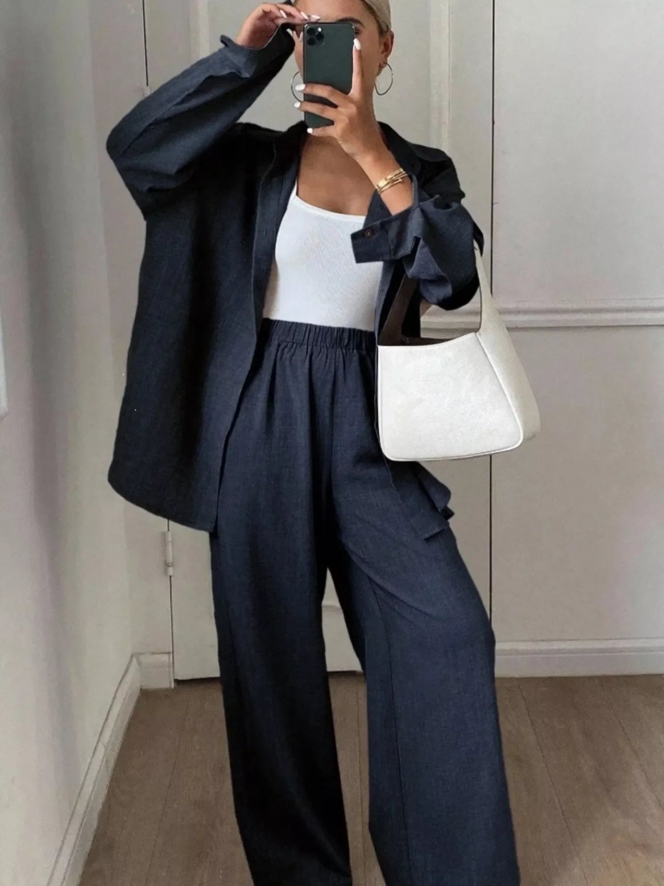 Button-Down Shirt and Wide-Leg Pants Set