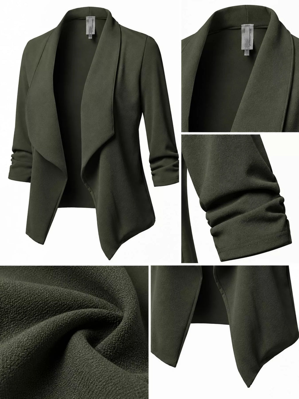 Full Size Open Front Drape Blazer with 3/4 Ruched Sleeves Plus Size
