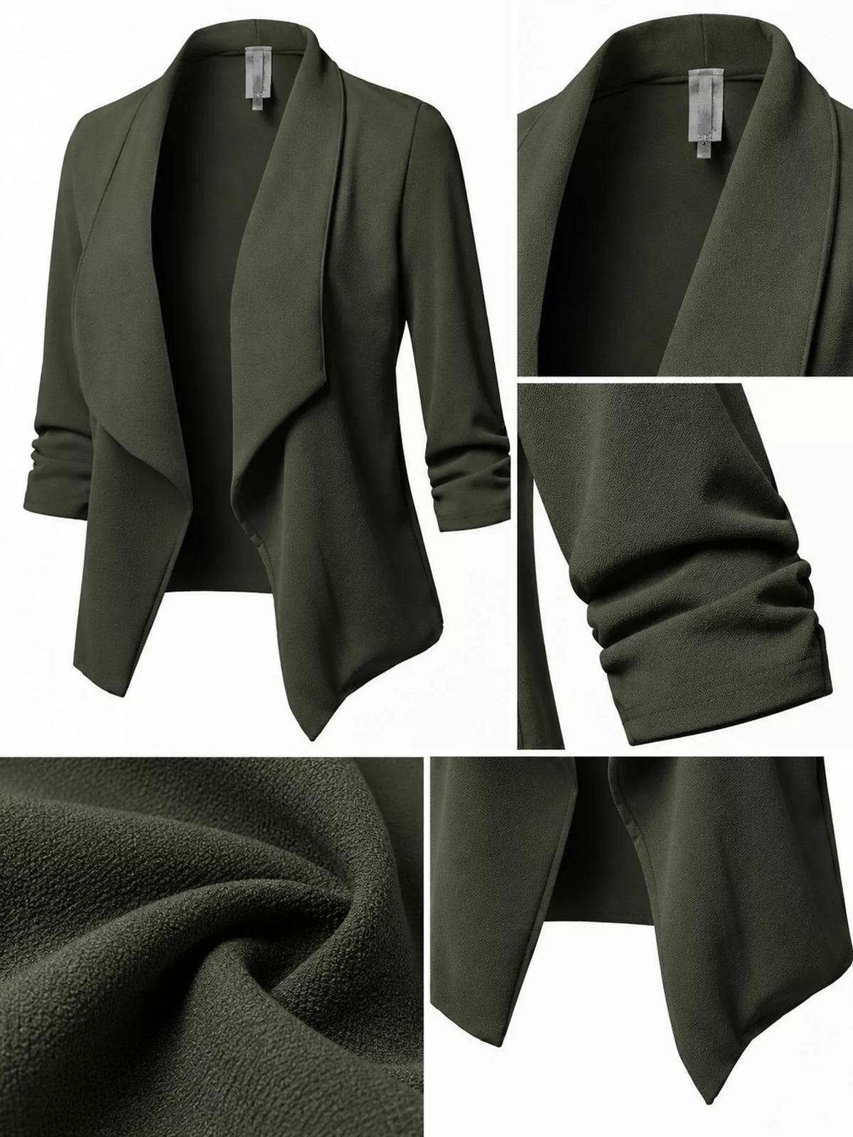 Full Size Open Front Drape Blazer with 3/4 Ruched Sleeves Plus Size