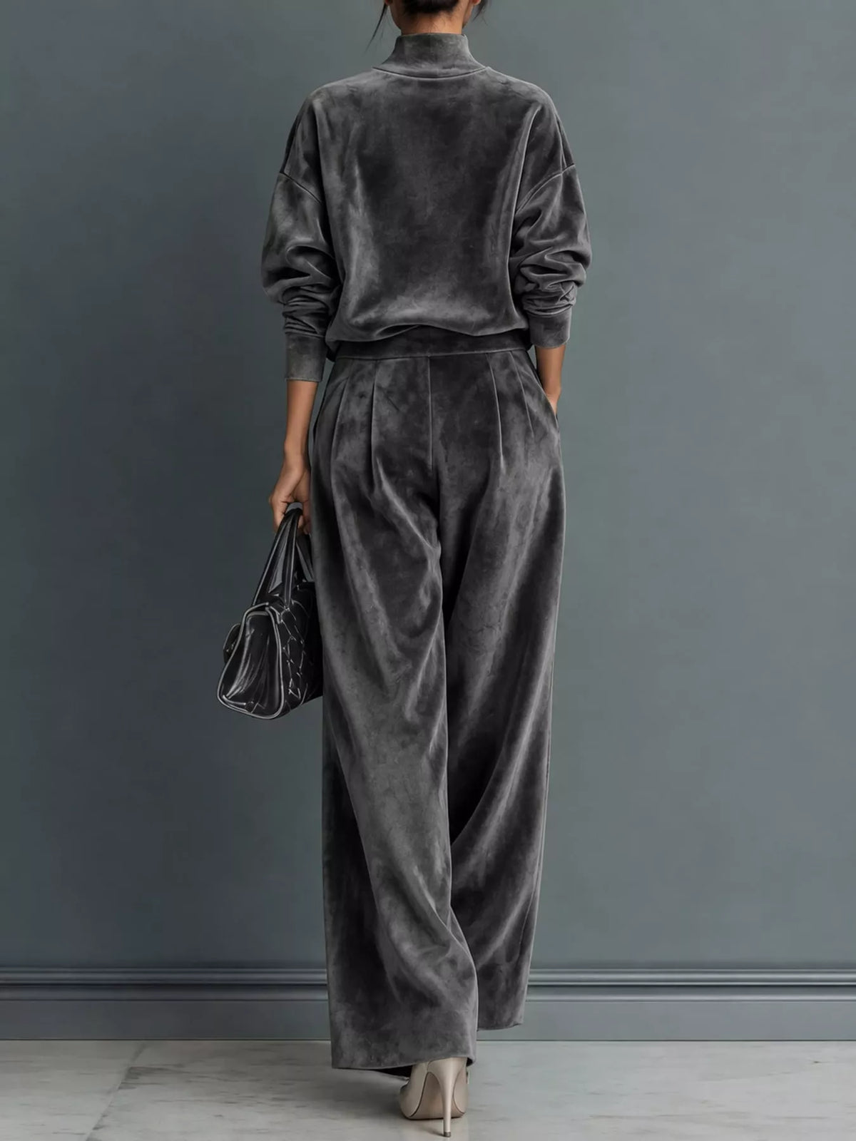 Velvet Mock Neck Long Sleeve Top and Wide-Leg Pants Set