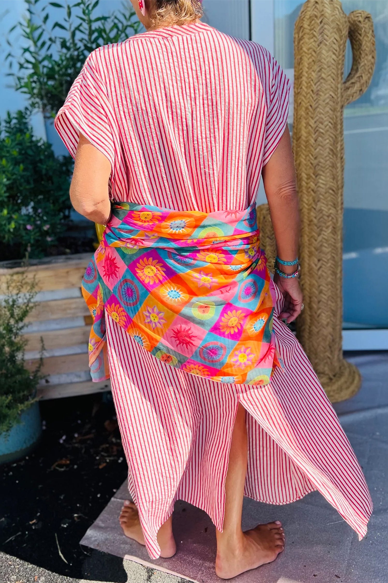 Red Stripe Frilled Detail Half Buttons Short Sleeve Long Dress