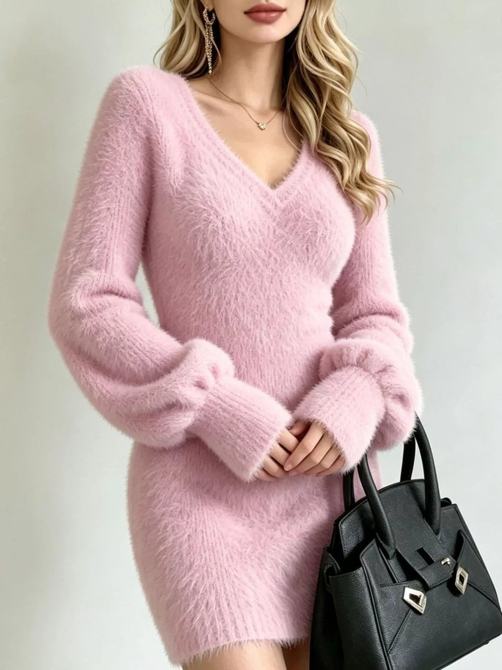 V-Neck Fuzzy Knit Sweater Dress