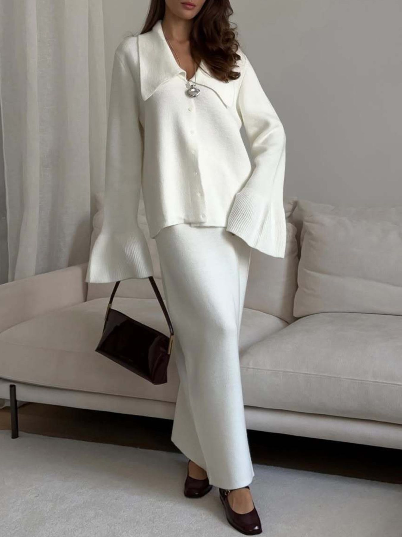 Button Down Long Sleeve Cardigan and Skirt Knit Set