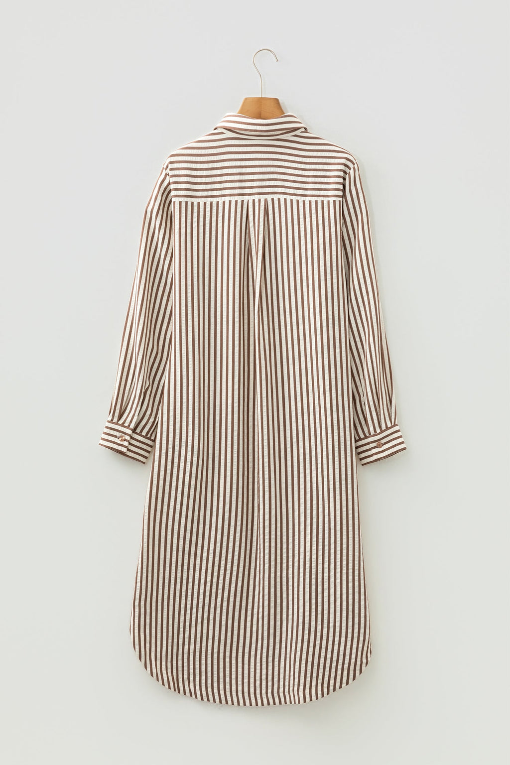 Brown Stripe Textured 3/4 Sleeve Round Hem Split Midi Shirt Dress