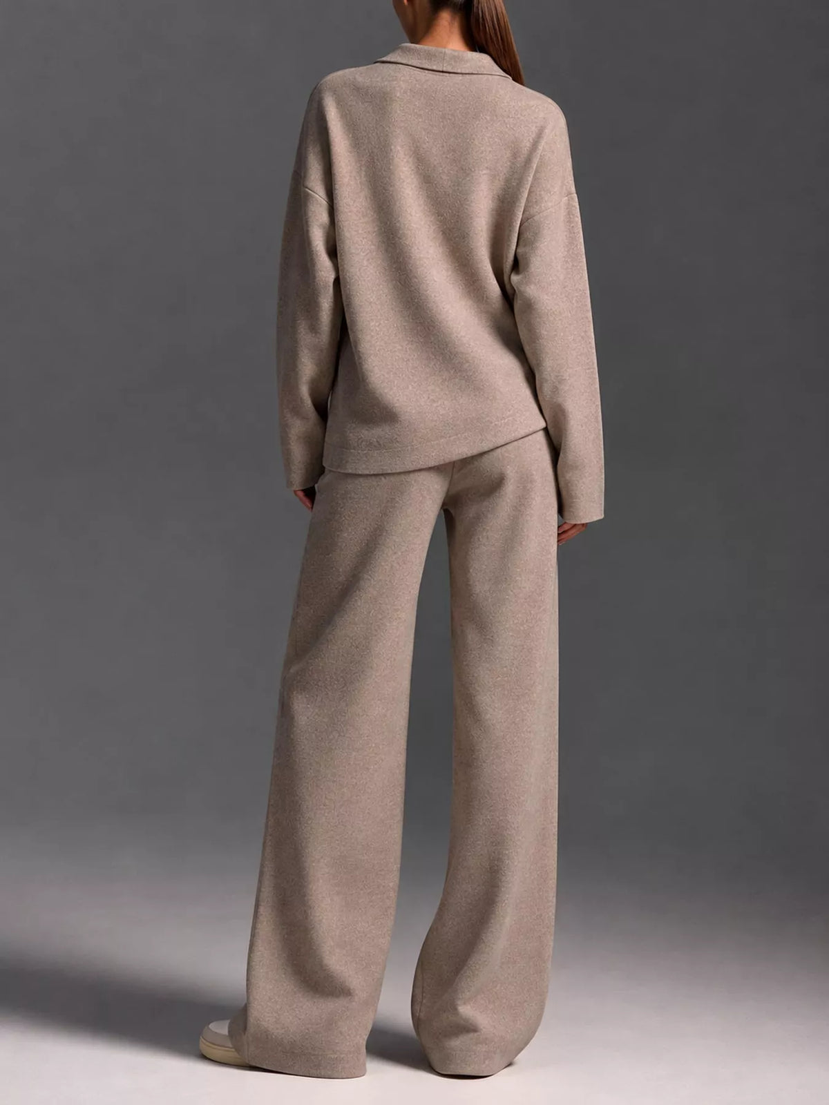 Polo Collar Top and Wide-Leg Pants Set