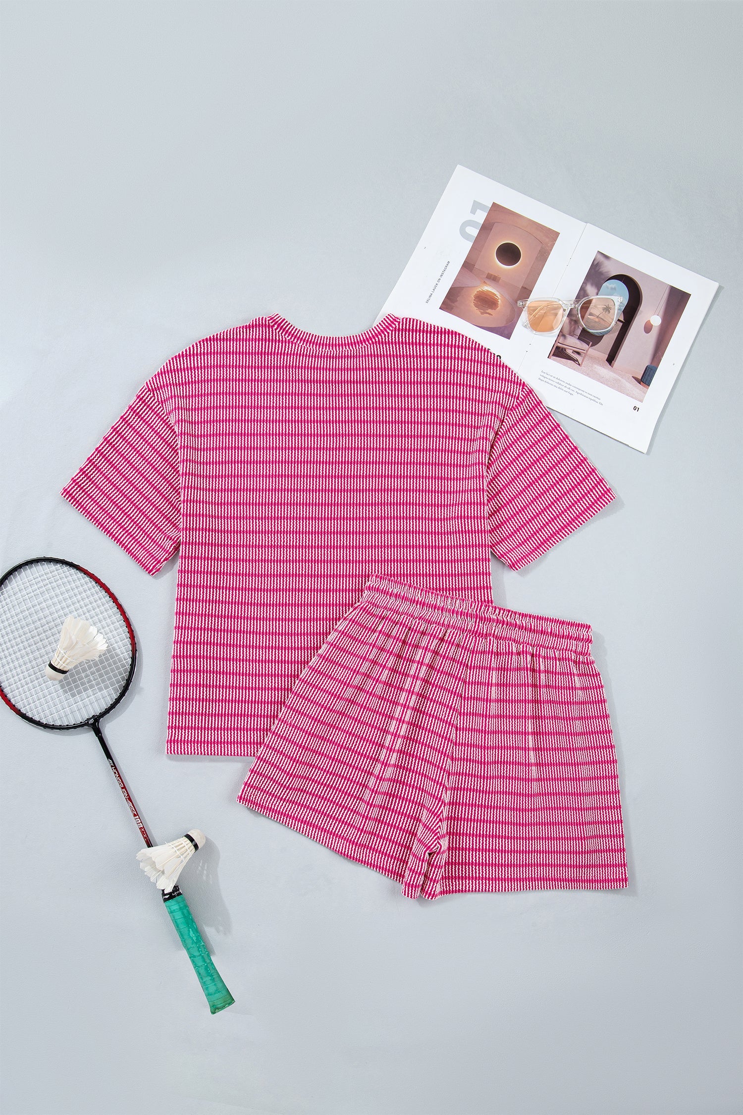 Rose Stripe Raised Rib Loose Tee Drawstring Elastic Waist 2pcs Short Set