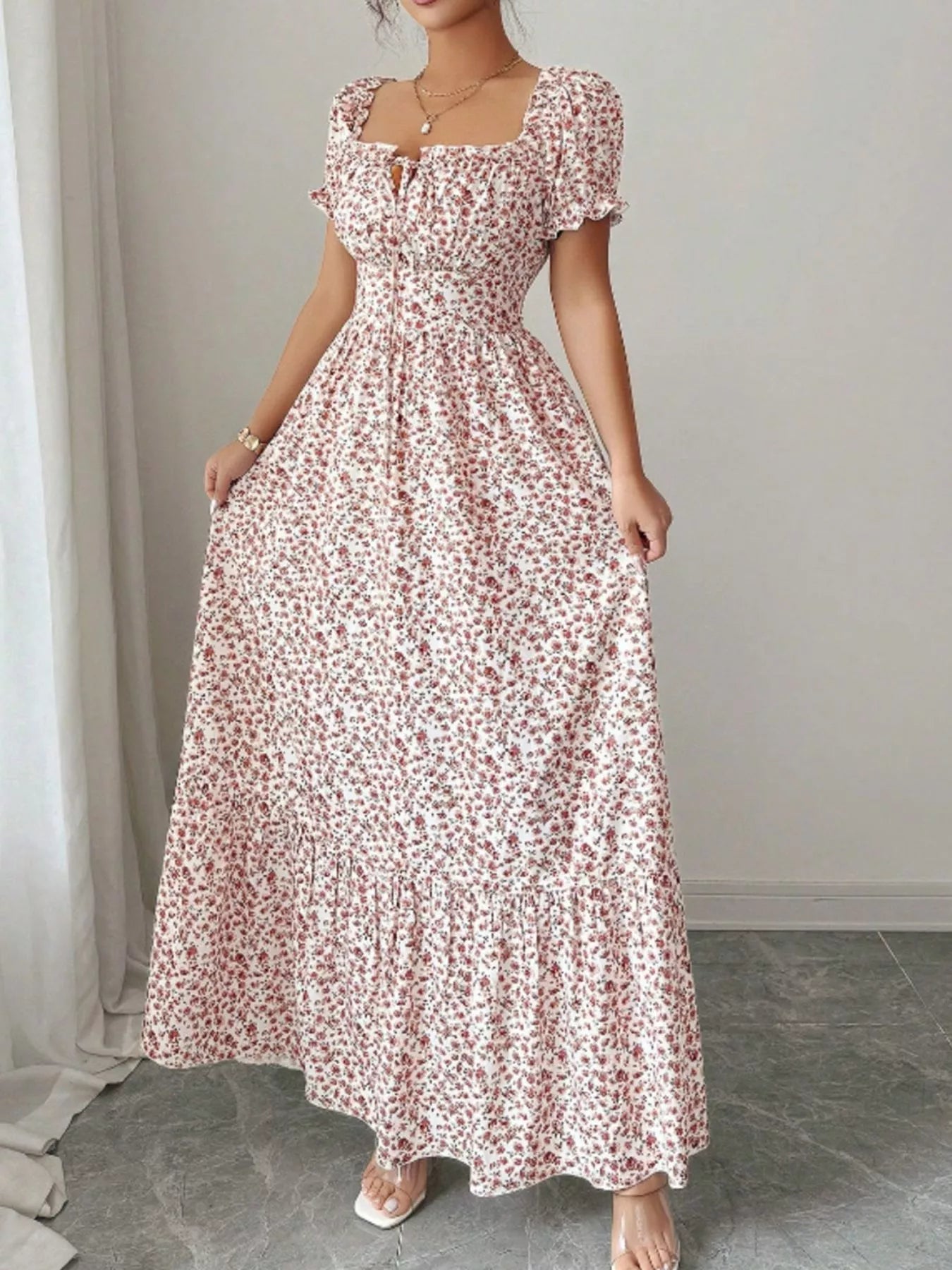 Floral Print Puff Sleeve Maxi Dress
