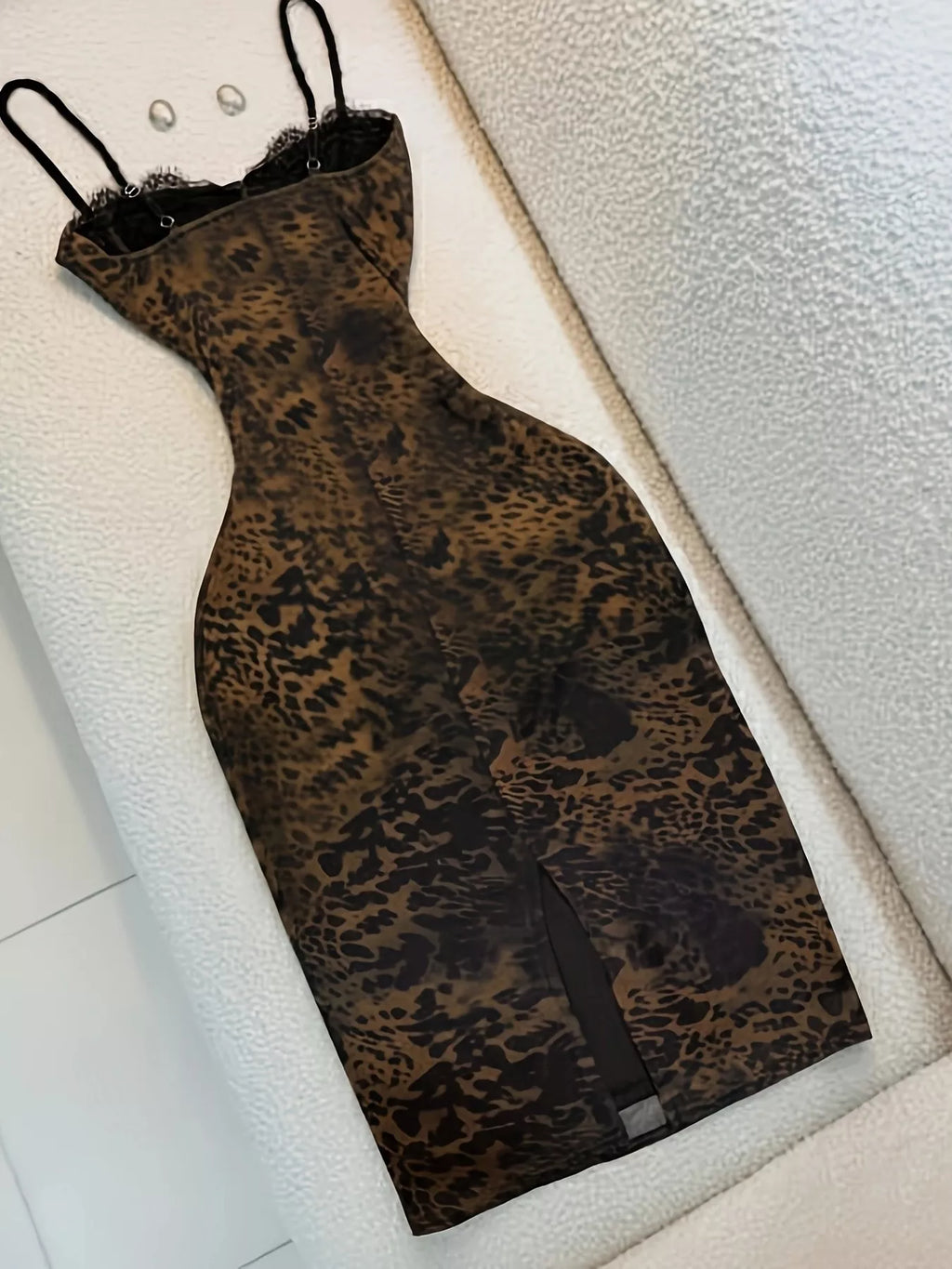 Leopard Print Lace Trim Bodycon Midi Dress