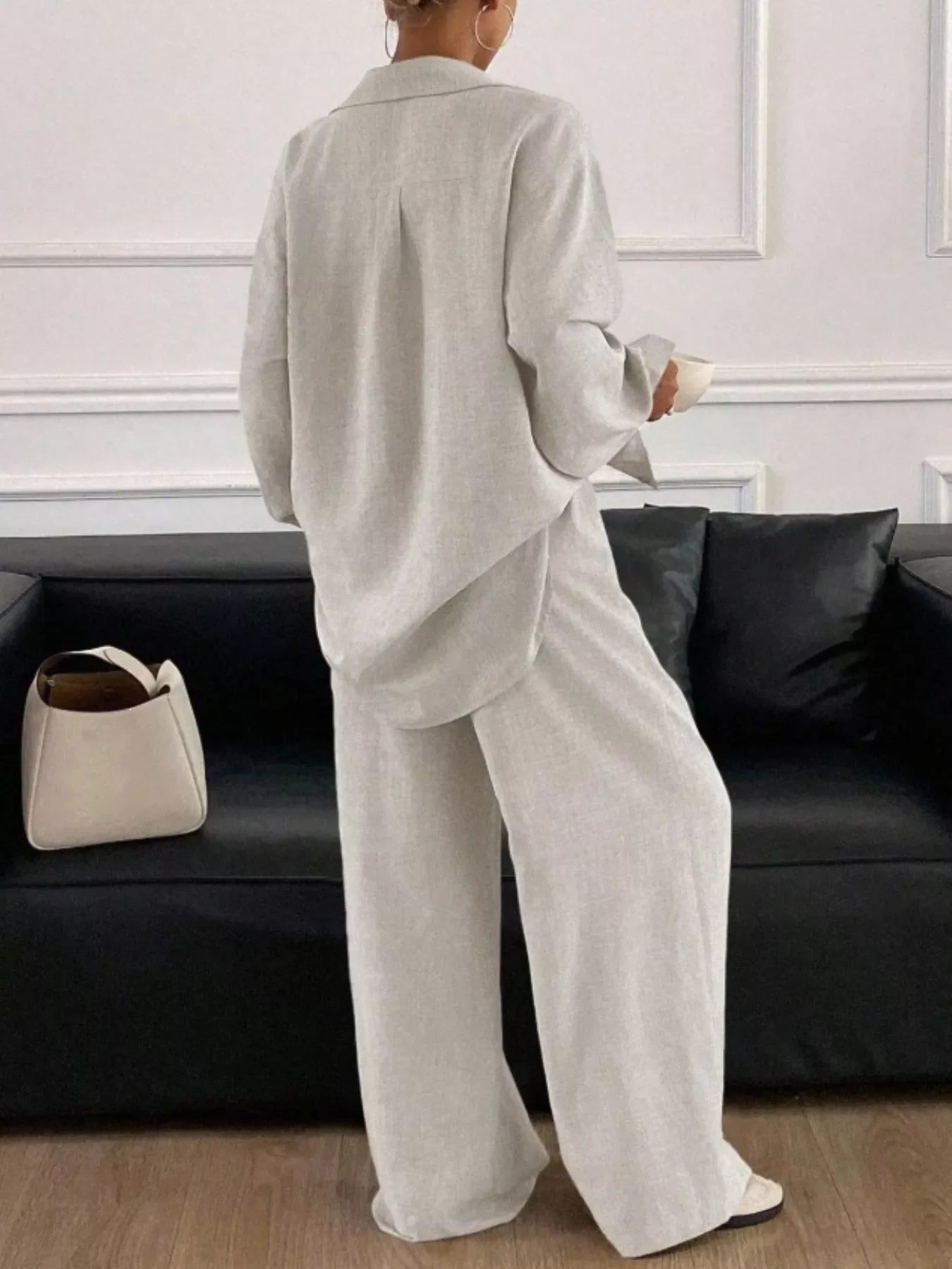 Button Up Long Sleeve Shirt and Wide Leg Pants Set