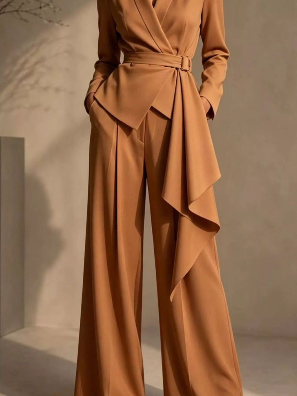 Full Size Belted Blazer and Wide-Leg Pants Set Plus Size