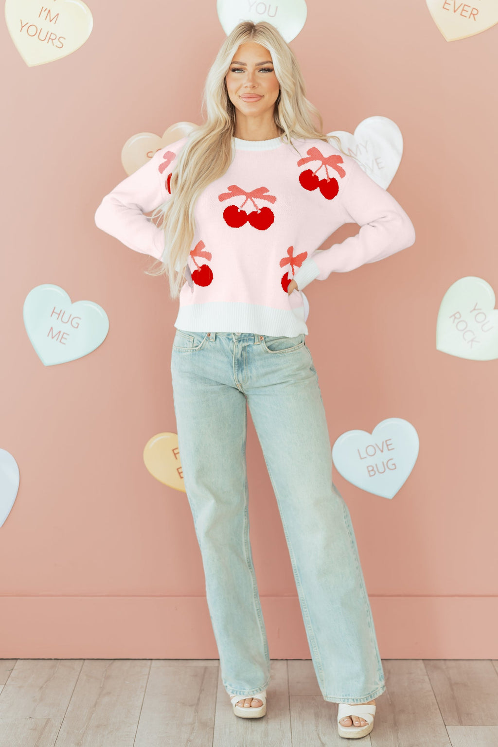 White Cherry Pattern Drop Shoulder Sweater