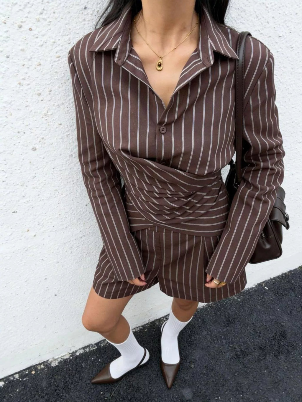 Striped Long-Sleeve Wrap Shirt and Shorts Two-Piece Set
