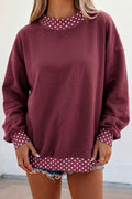 Burgundy Colorblock Polka Dot Contrast Trim Oversized Sweatshirt