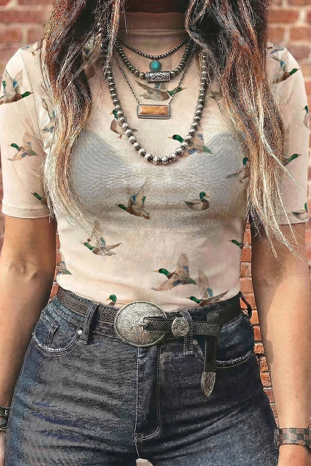 Beige Mallard Sheer Mesh Short Sleeve Top