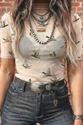 Beige Mallard Sheer Mesh Short Sleeve Top