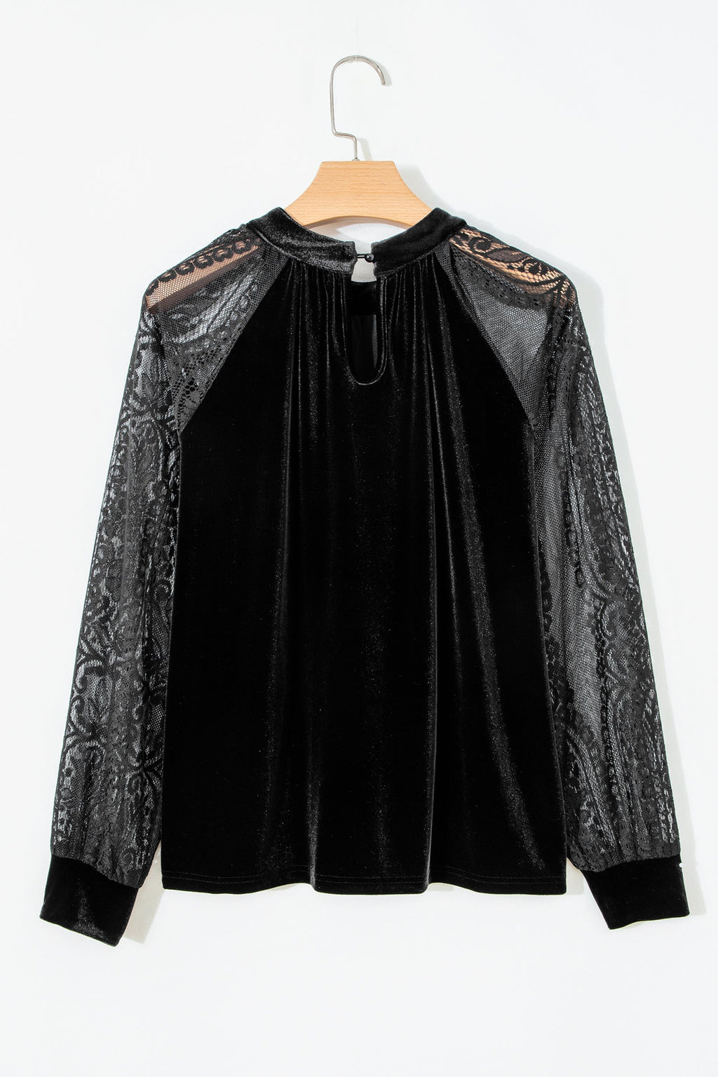 Color Black Solid Color Sheer Lace Long Sleeve Patchwork Stand Neck Velvet Blouse