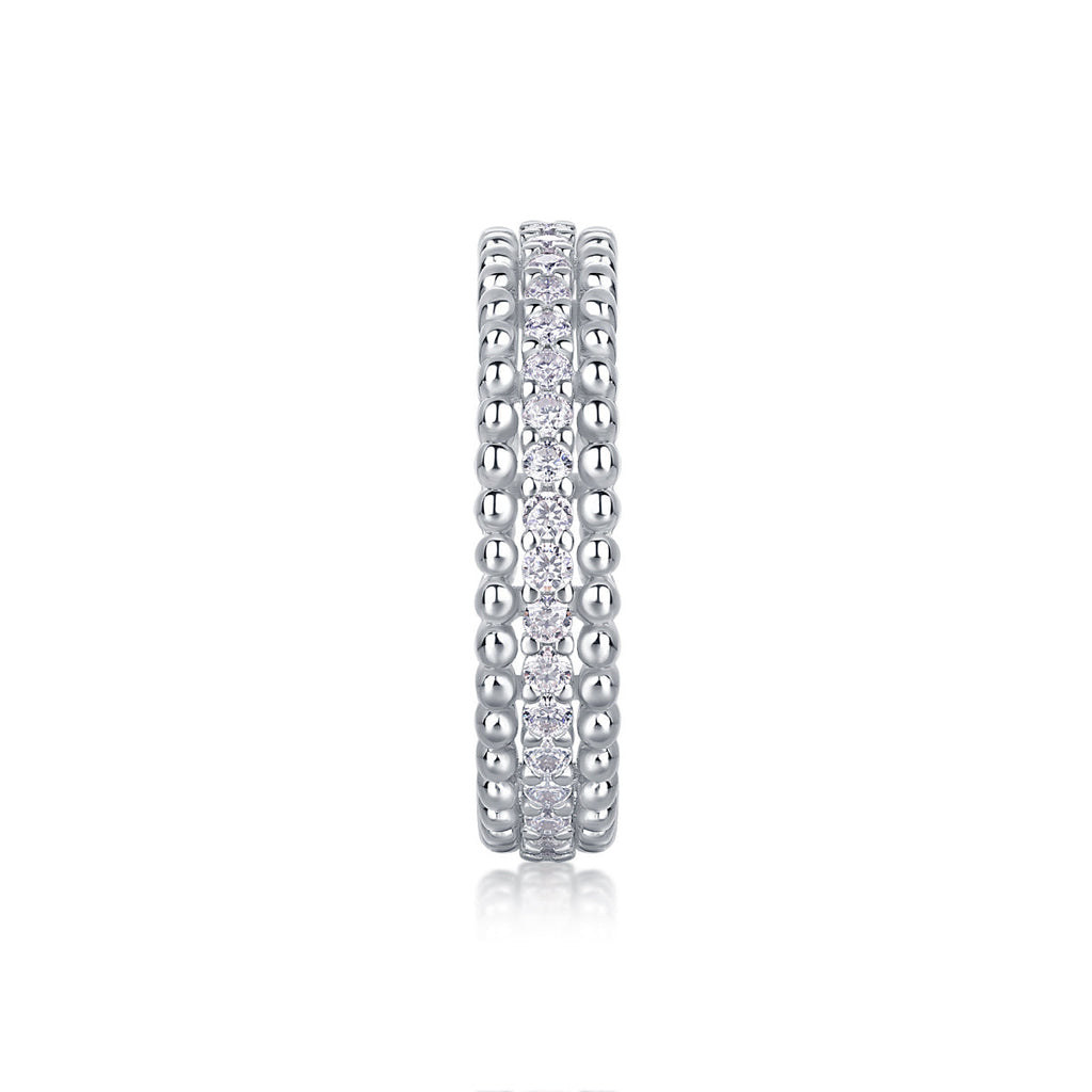 S925 Silver 2.4g Platinum Plated Moissanite Ring, 4.3mm Beaded & Pave Band, D VVS1 GRA US 5-9