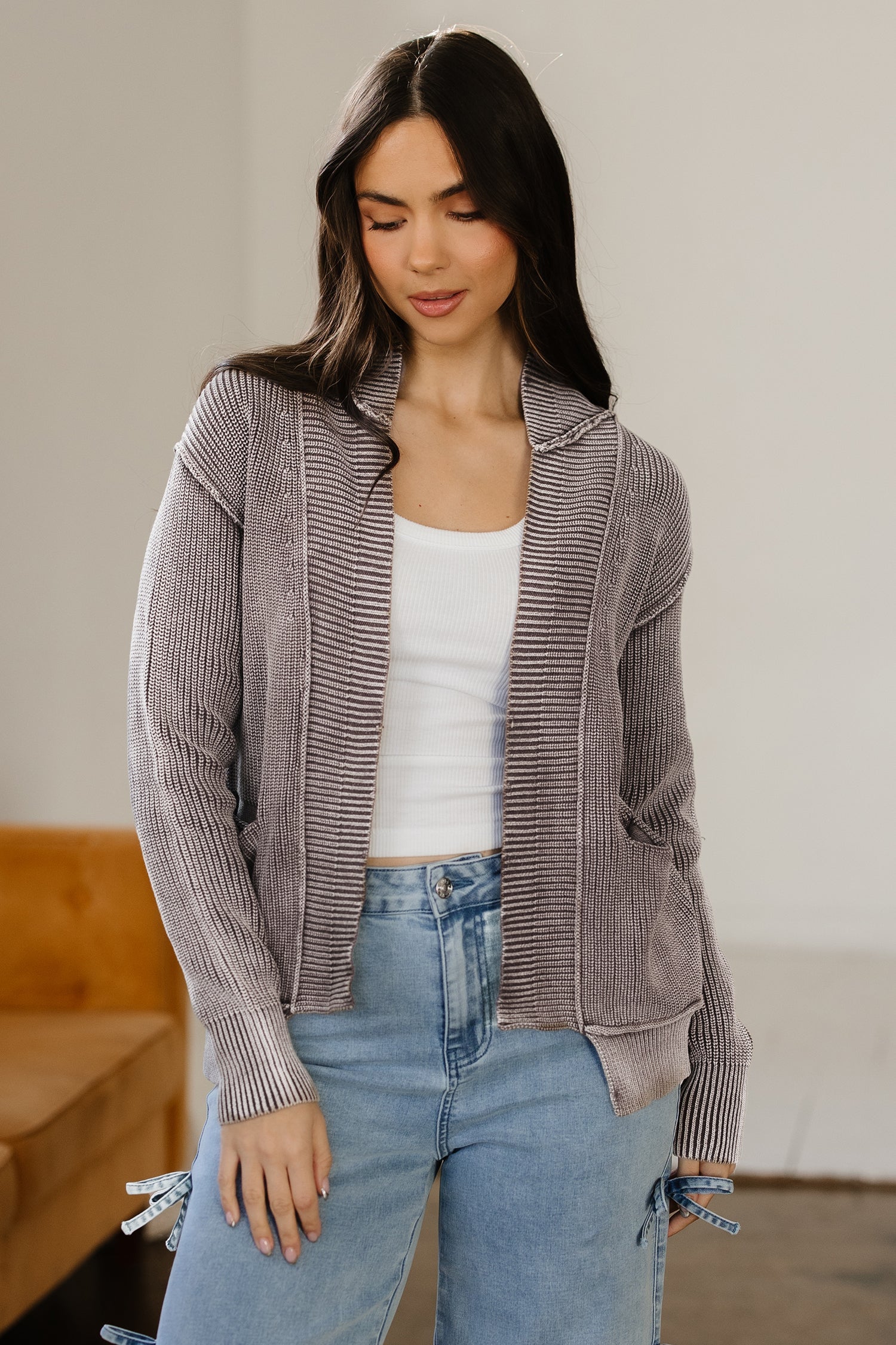 Dark Brown Mineral Wash Exposed Seam Patchwork Knit Open Sweater Cardigan