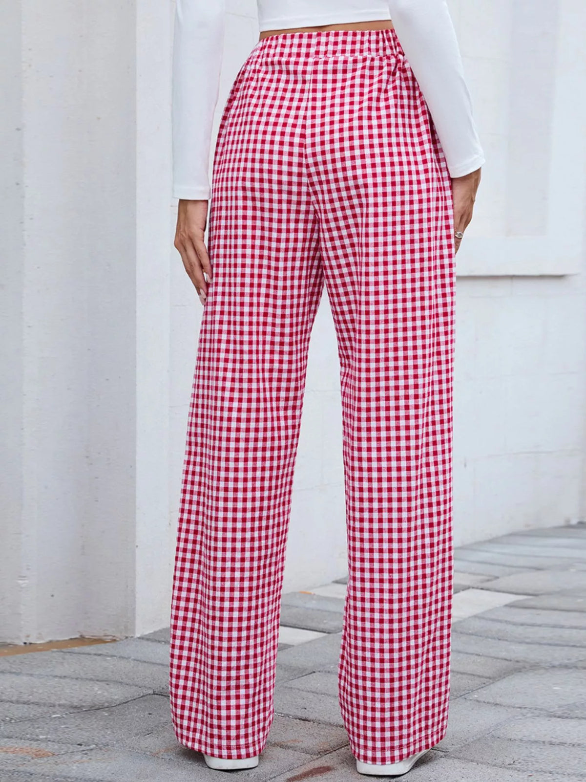 Plaid Wide-Leg Cotton Pants with Side Pockets