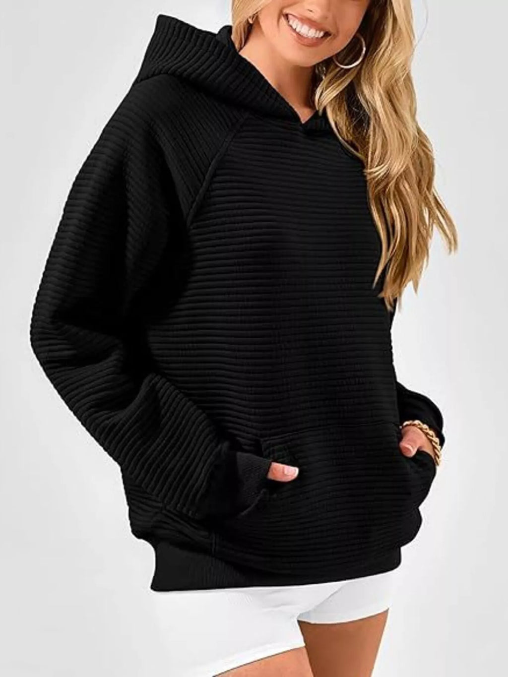 Texture Kangaroo Pocket Raglan Sleeve Hoodie