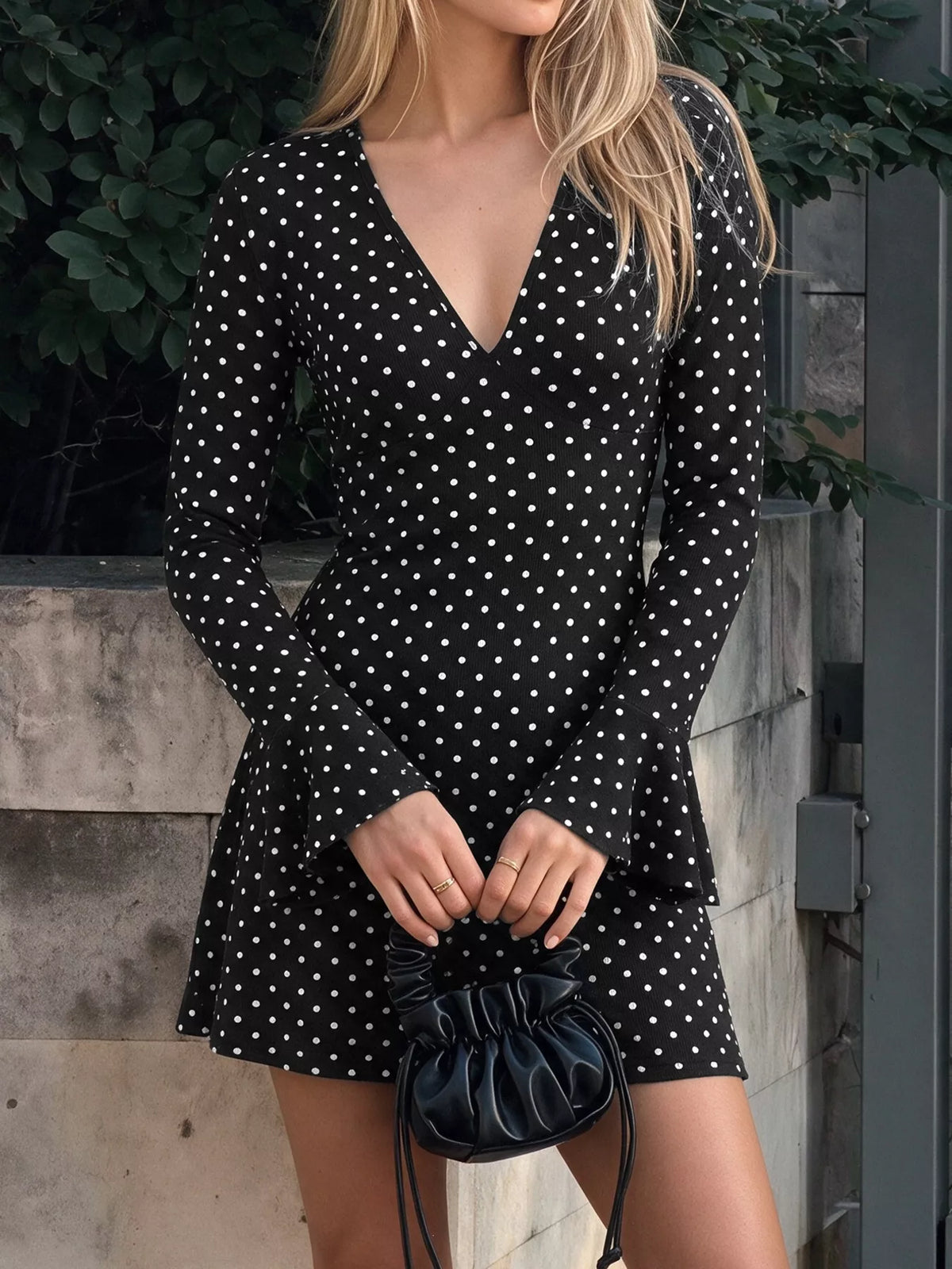 Polka Dot Long Sleeve Ruffle Hem Mini Dress