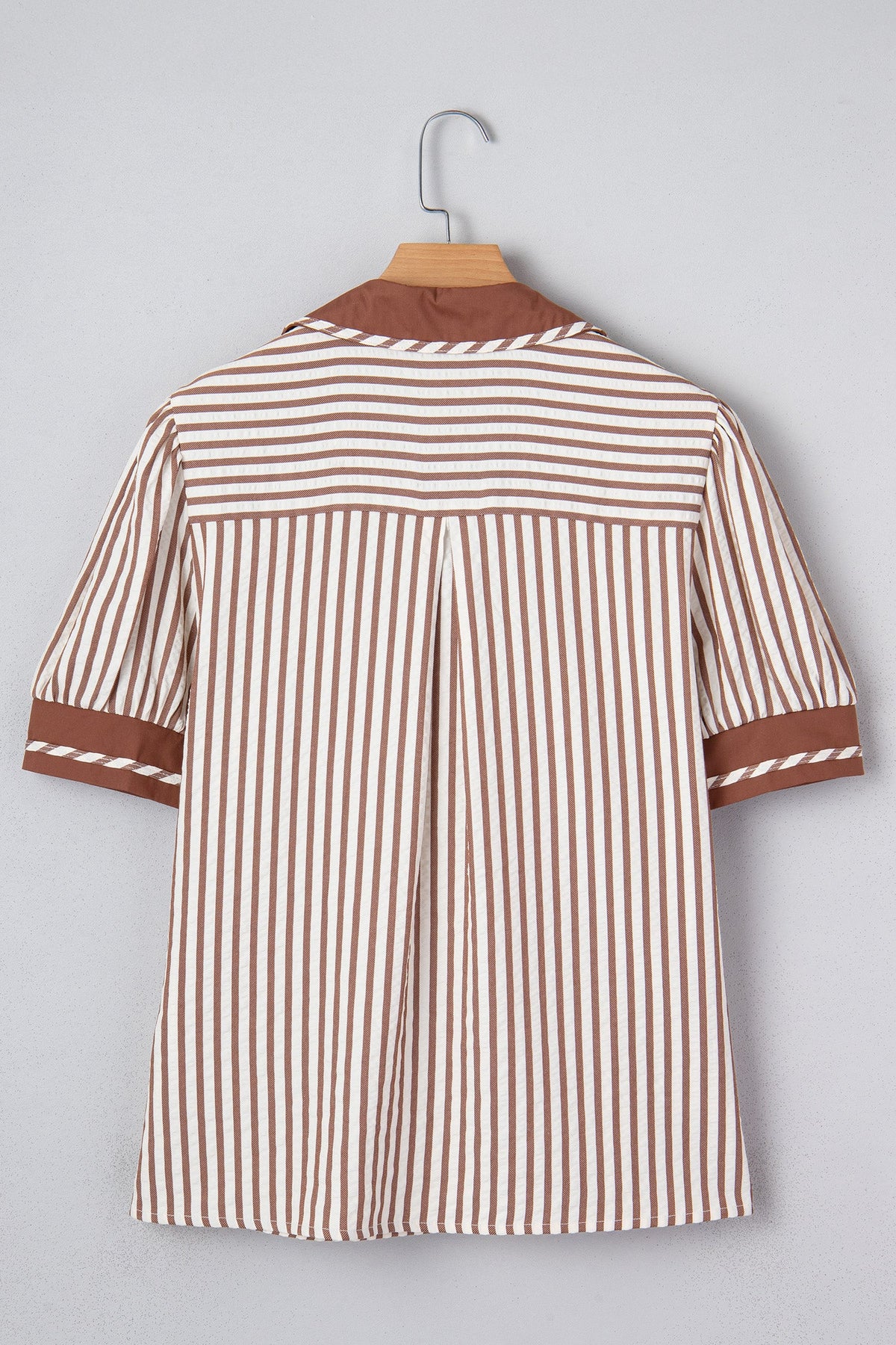 Stripe Collared V-Neck Bubble Sleeve Blouse