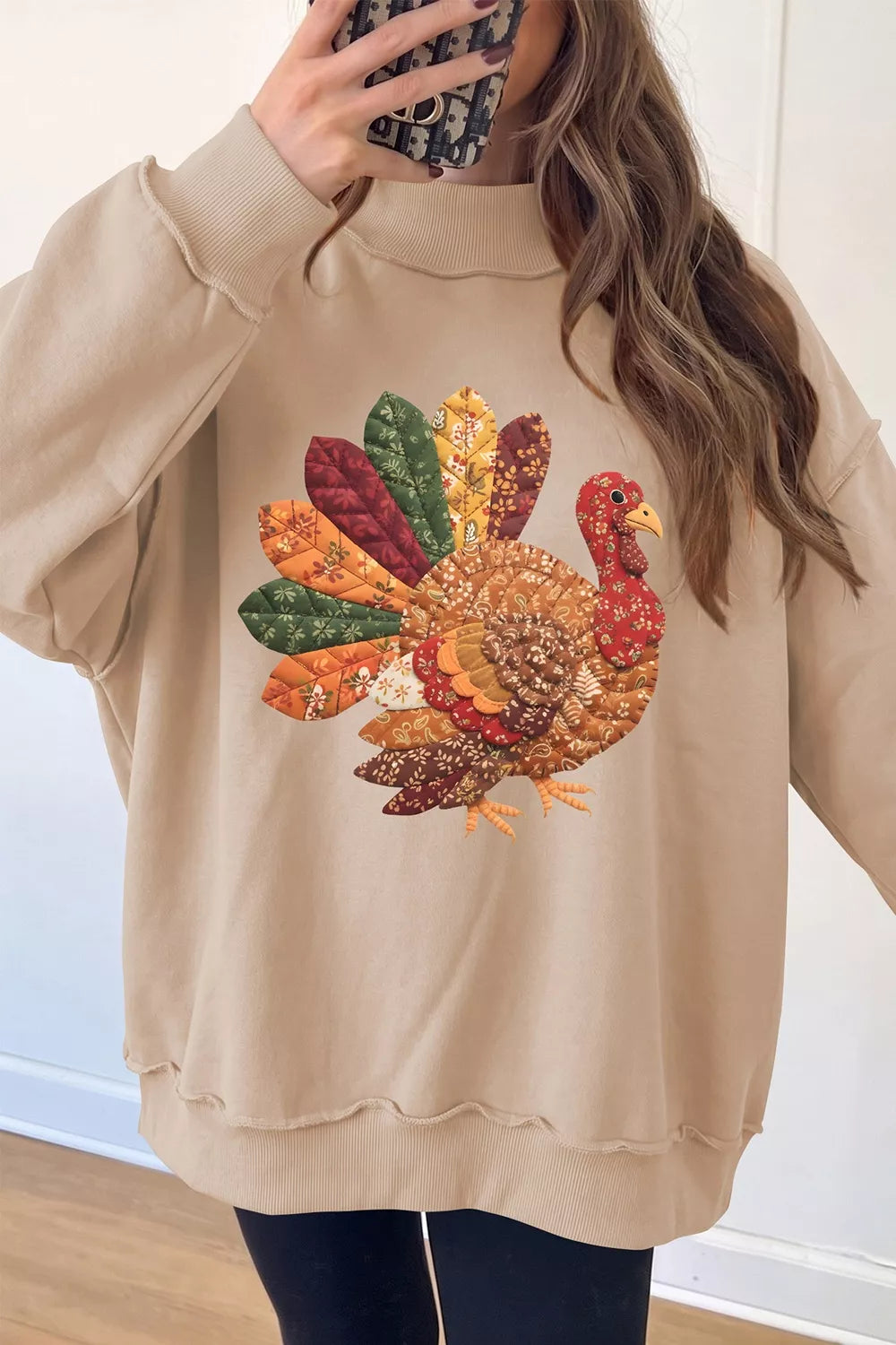 Thanksgiving Patchwork Turkey Graphic Mock Neck Sweatshirt