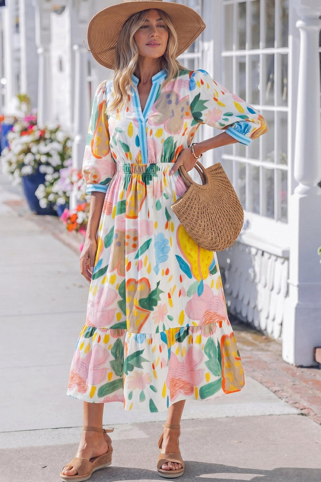 Multicolour Floral Doodle Print Striped Trim V Neck Midi Dress