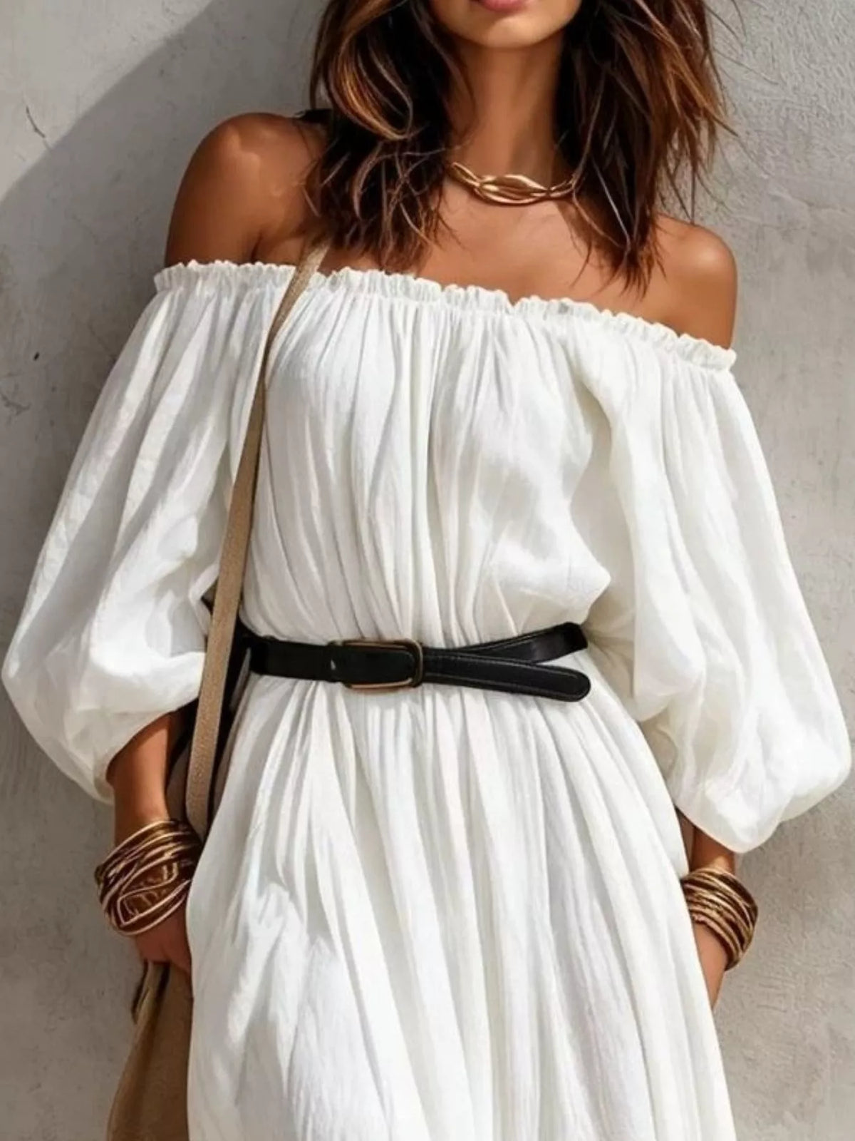 Boho Off-Shoulder Maxi Dress with Side Slit