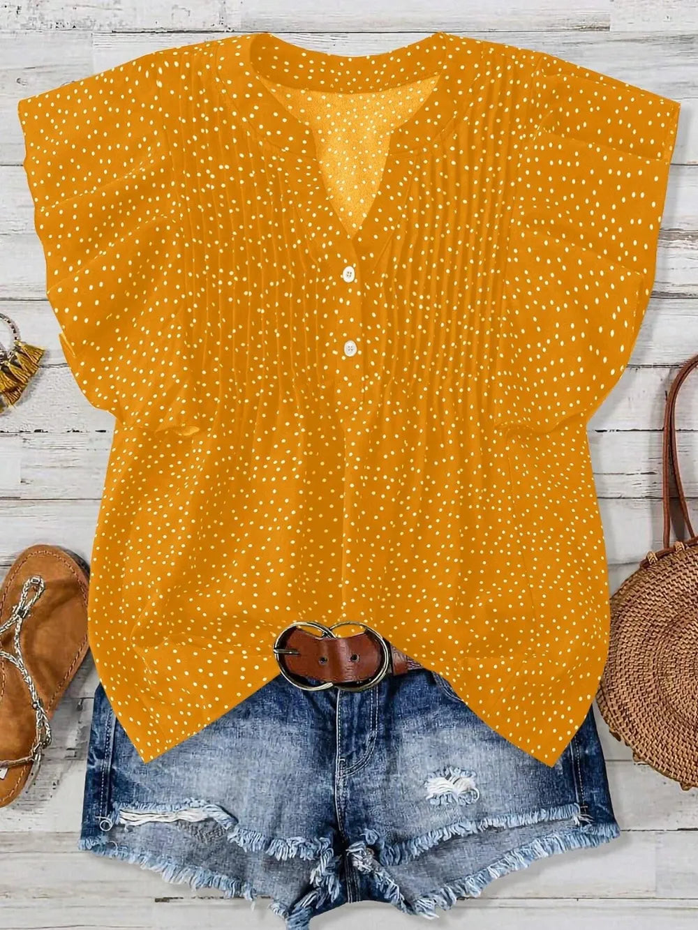 Polka Dot Notched Ruffled Cap Sleeve Blouse