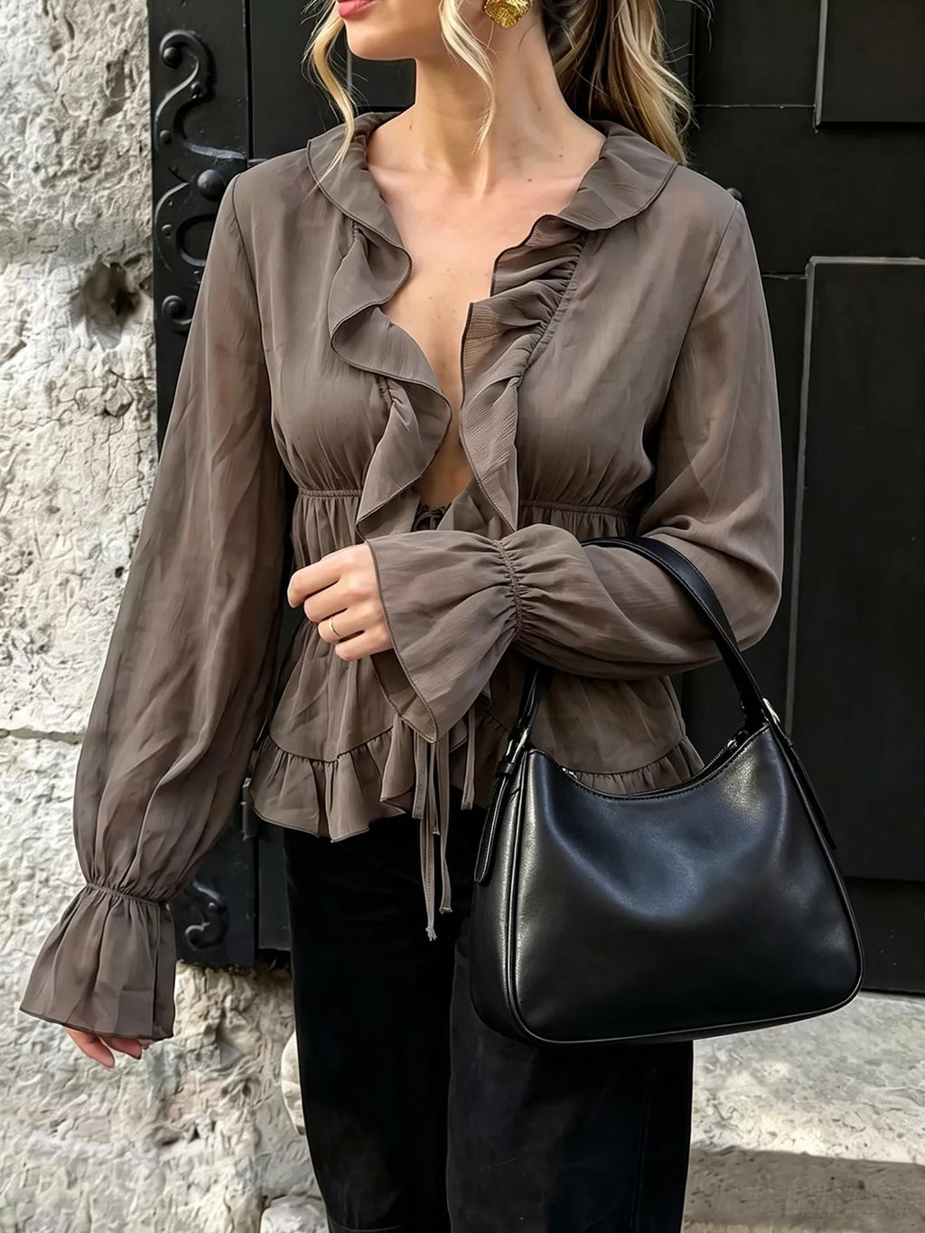 Ruffled V-Neck Long Sleeve Blouse
