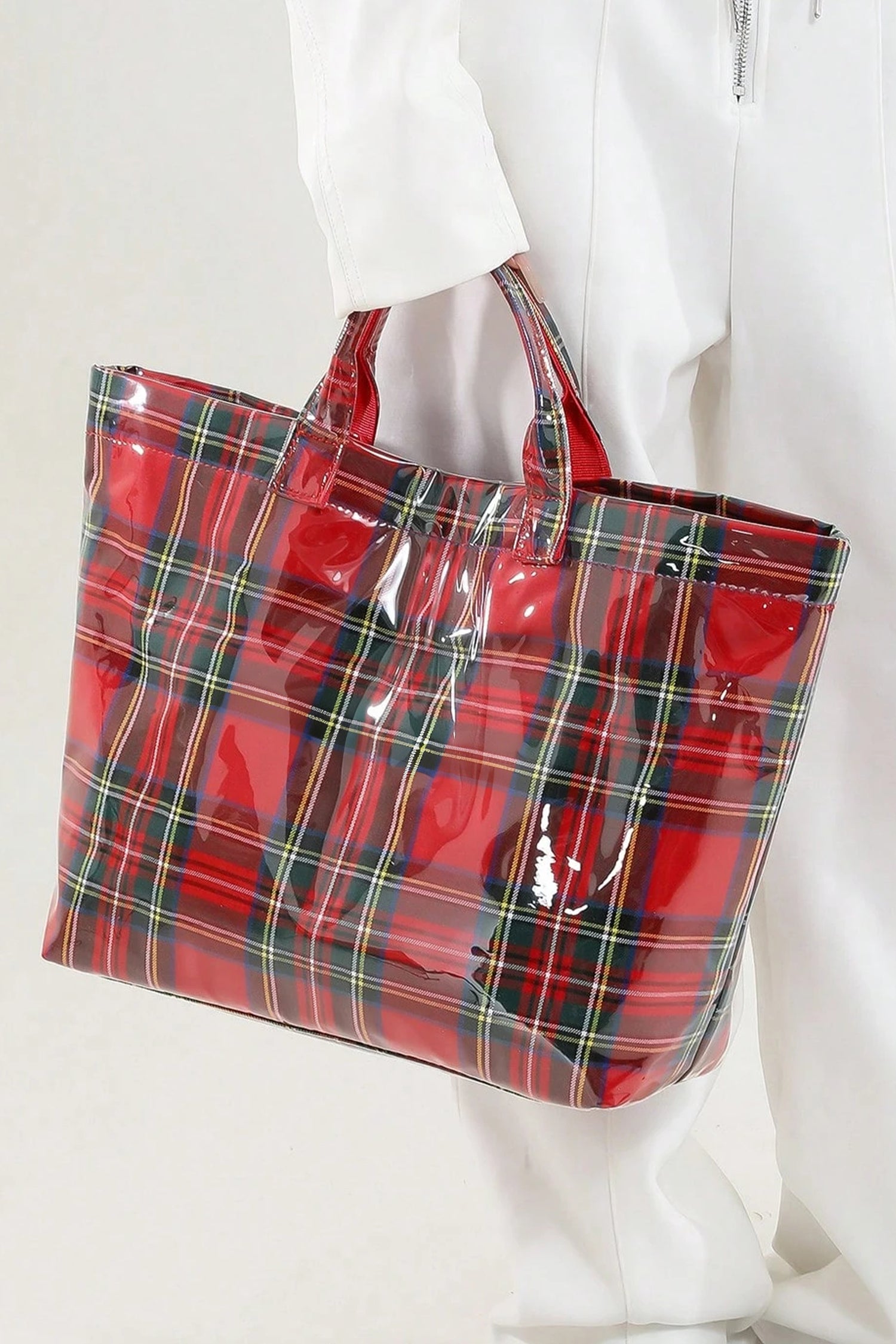 Fiery Red Plaid Pattern PVC Glossy Waterproof Tote Bag